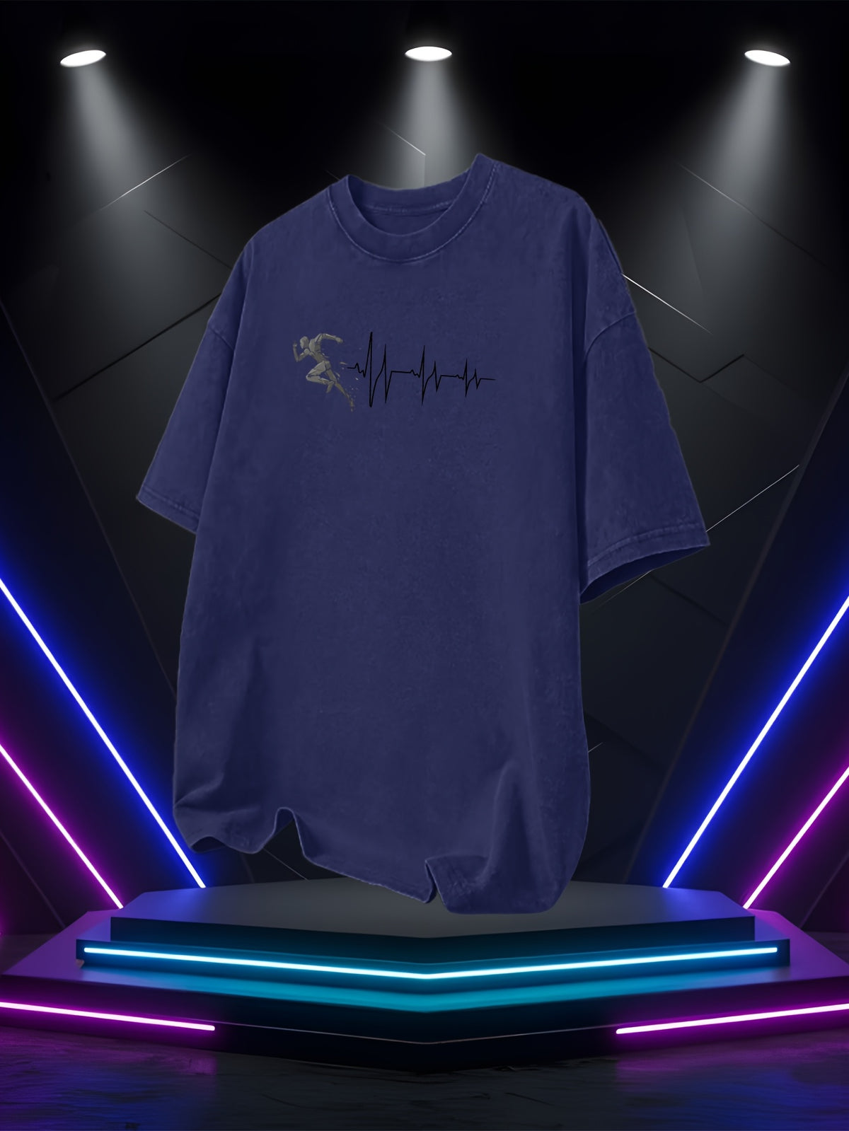 Men's Washed Short-Sleeve T-Shirt, Made of Pure Cotton Fabric That Is Breathable and Skin-friendly. The Relaxed Fit Is Comfortable and Versatile. Features a Creative Print of a Runner on the Front + EKG, Combining Athletic Passion with the Rhythm - Royal Blue