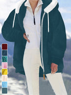 Ladies Autumn Winter Relaxed Cut Plush Hooded Outercoat, Contrast Color Trim Zip Front Warm Lined Jacket, Ribbed Cuff Windproof Casual Outerwear for Daily Commuting and Cold Season Everyday Styling - Navy Color