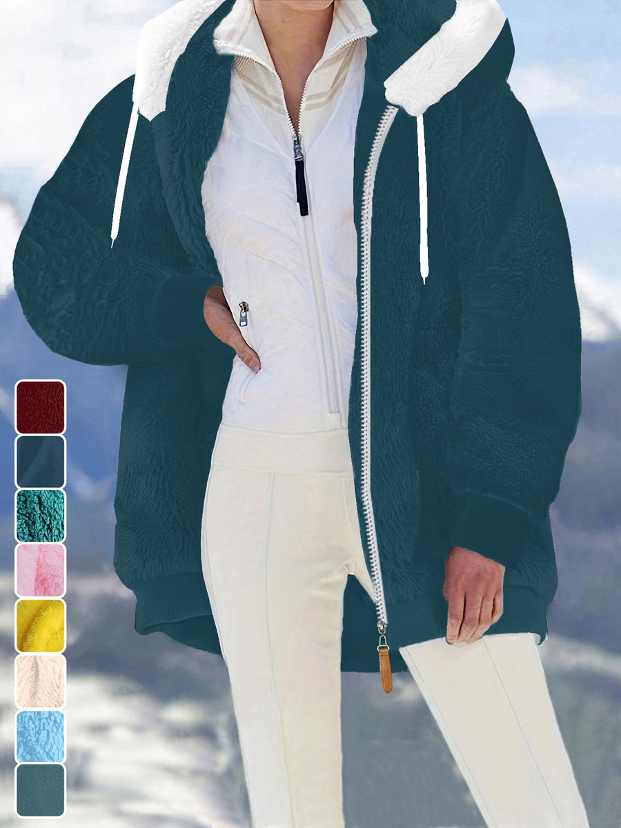 Ladies Autumn Winter Relaxed Cut Plush Hooded Outercoat, Contrast Color Trim Zip Front Warm Lined Jacket, Ribbed Cuff Windproof Casual Outerwear for Daily Commuting and Cold Season Everyday Styling - Navy Color