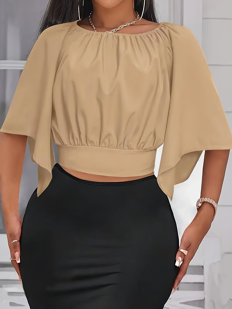 Tie Back Ruched Blouse, Elegant Solid Color Blouse For Spring & Summer, Women's Clothing - Yellowish-brown