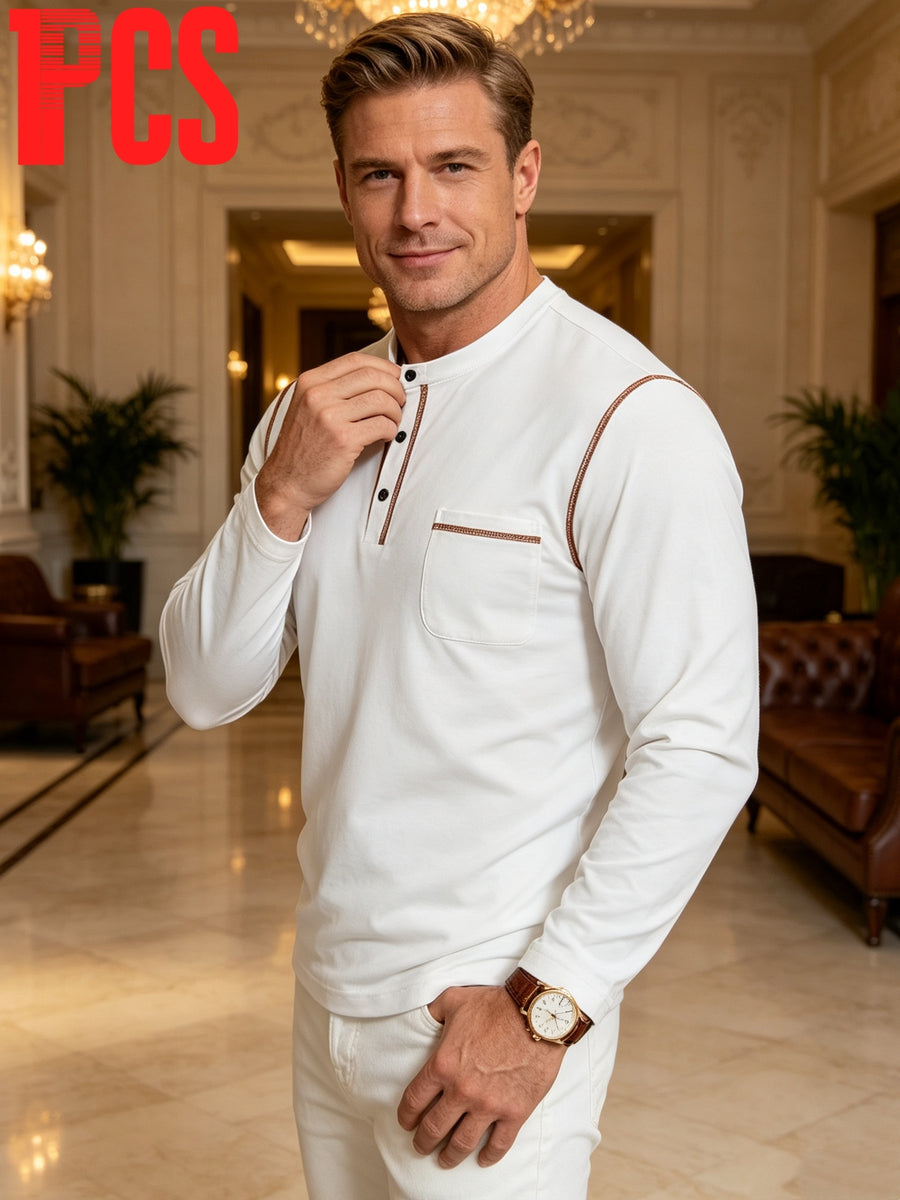 Men's Vintage Topstitch Henry Shirt Long Sleeve T-Shirt, Casual Versatile Light Business Crew Neck Half-Open Placket Pocket Top, Commuting Loose Fit Base Layer - Without Gift Box Packaging - White