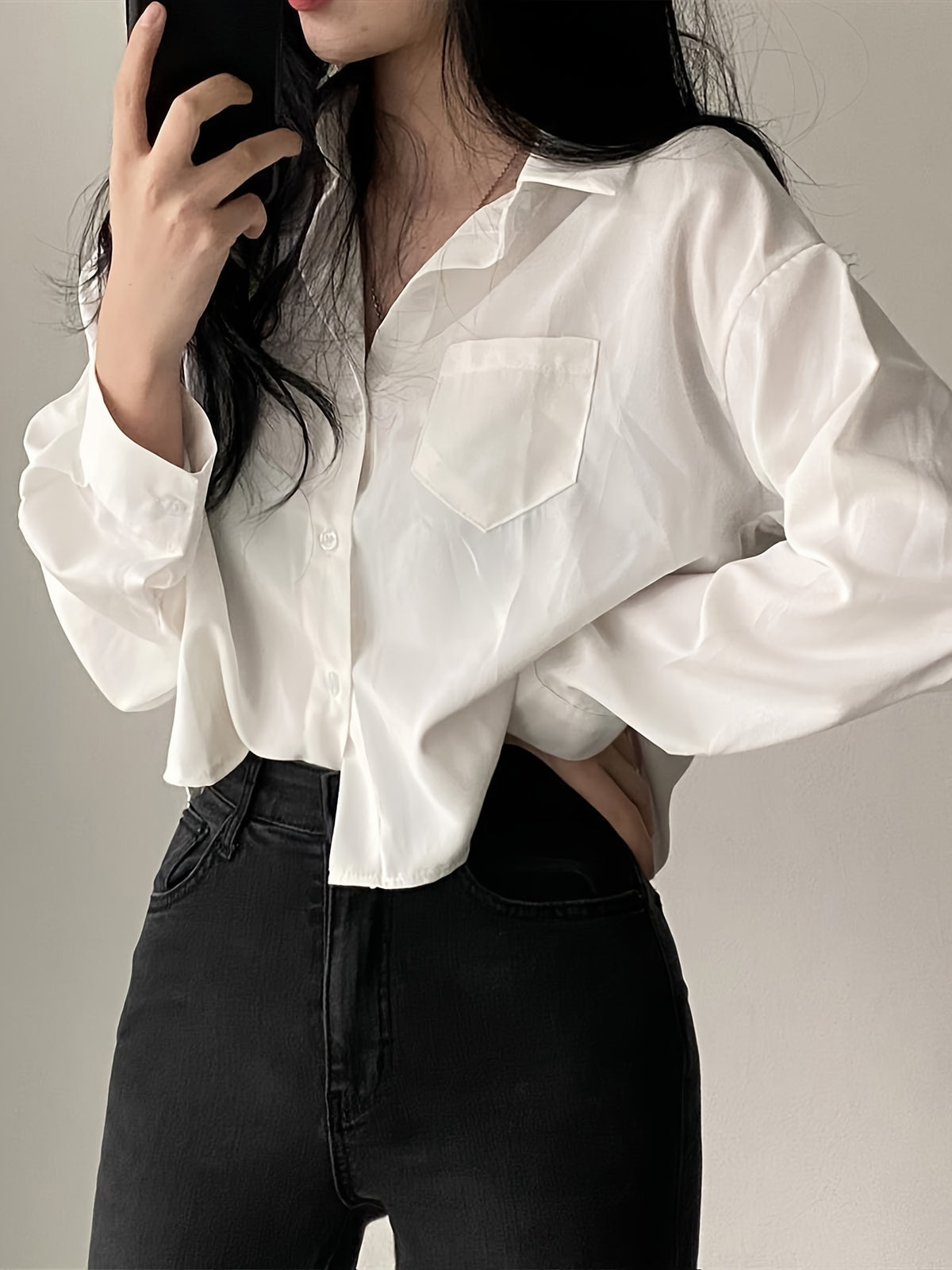 Easy Versatile Single-Button Loose Casual Solid Color Long Sleeve Shirt Top Women'S - White