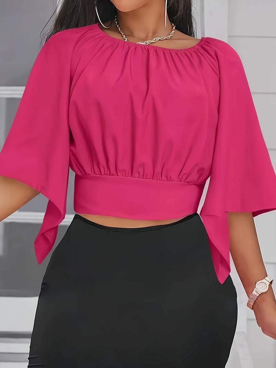Tie Back Ruched Blouse, Elegant Solid Color Blouse For Spring & Summer, Women's Clothing - Rose Red