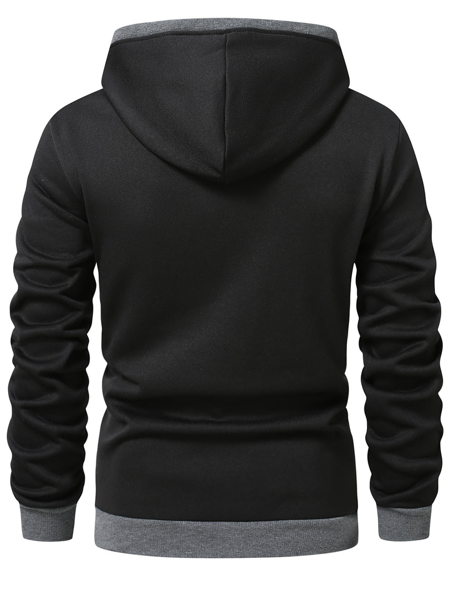 Men'S Color-Block Hooded Cardigan College Style Sweatshirt Casual Fashion Jacket Design Black Pattern Print Fleece Warm Autumn And Winter Long-Sleeved Top - Black