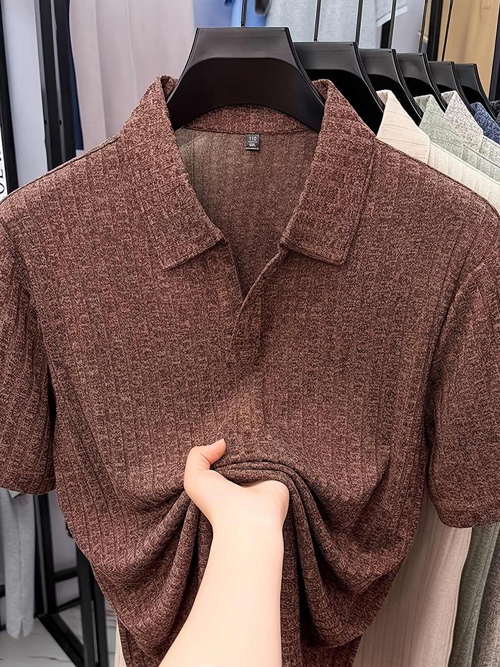 Old Money Aesthetic Vertical Ribbed Polo Sweater, Solid Color No-Button V-Neck Design, Commute Business/Casual Gathering Multi-Scene Short Sleeve Top, Light Athletic Non-Pick Body Men'S Top, Knit - Coffee Color