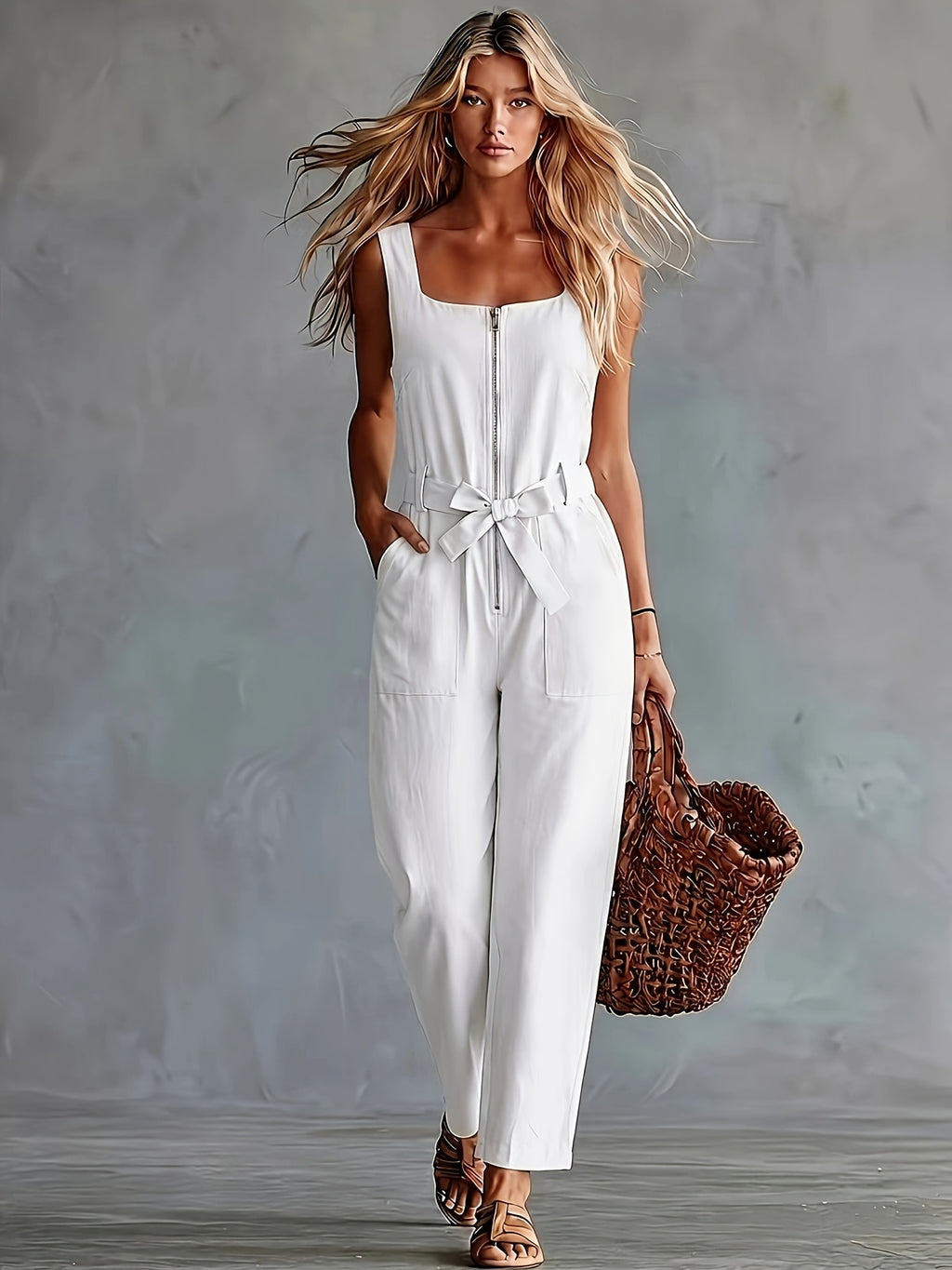 Women'S Retro Western Style Comfortable Loose Fit, Pocket Decor Sleeveless Jumpsuit, Suitable for Spring/Summer Outings And Parties, Easy Elegant Wear - White