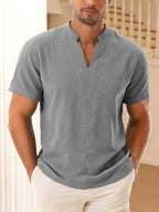 Men's Casual V-Neck Linen Short-Sleeve Shirt, Lightweight and Breathable with a Short-sleeve Design, Suitable for Summer Wear. Features a Loose Fit and Solid Color for Comfort, Ideal for Beach Vacations, Resort Hotel Trips, and Daily Wear - Grey