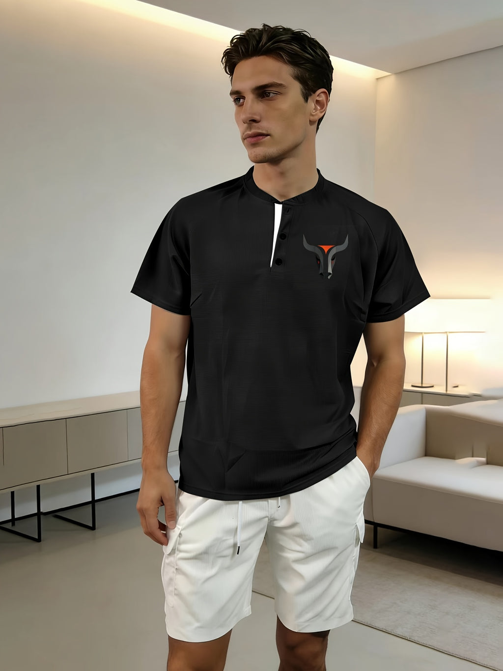 Summer Casual Fashion Men's Short-Sleeve Henley T-Shirt, Outdoor Leisure Work Running Comfortable European and American Trendy Versatile Men's Casual Shirt, Minimalist Outdoor Breathable Training Casual Men's Versatile Polo Shirt - Black