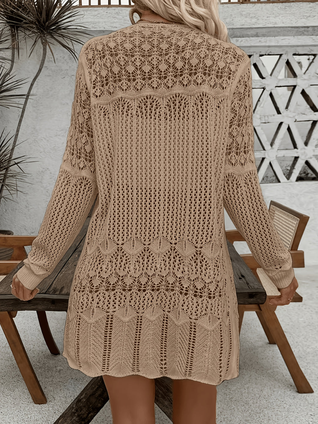 Women'S Elegant Long Sleeve Lace Open Cardigan, Suitable for Vacation, Beach - Khaki