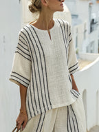Women'S Spring Summer Loose Short Sleeve Top And Long Pants Set, Ladies Casual Striped Round Neck 2pcs Outfit - Wilderness Orienteering - Mixed colors