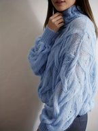 Valentine'S Day Festive Atmosphere Outfit for Women, Featuring a Lightweight, Sheer, Semi-Turtleneck Sweater with a Hollow Design, Perfect for a Relaxed, Soft, And Loose Style for Autumn And Winter - Blue
