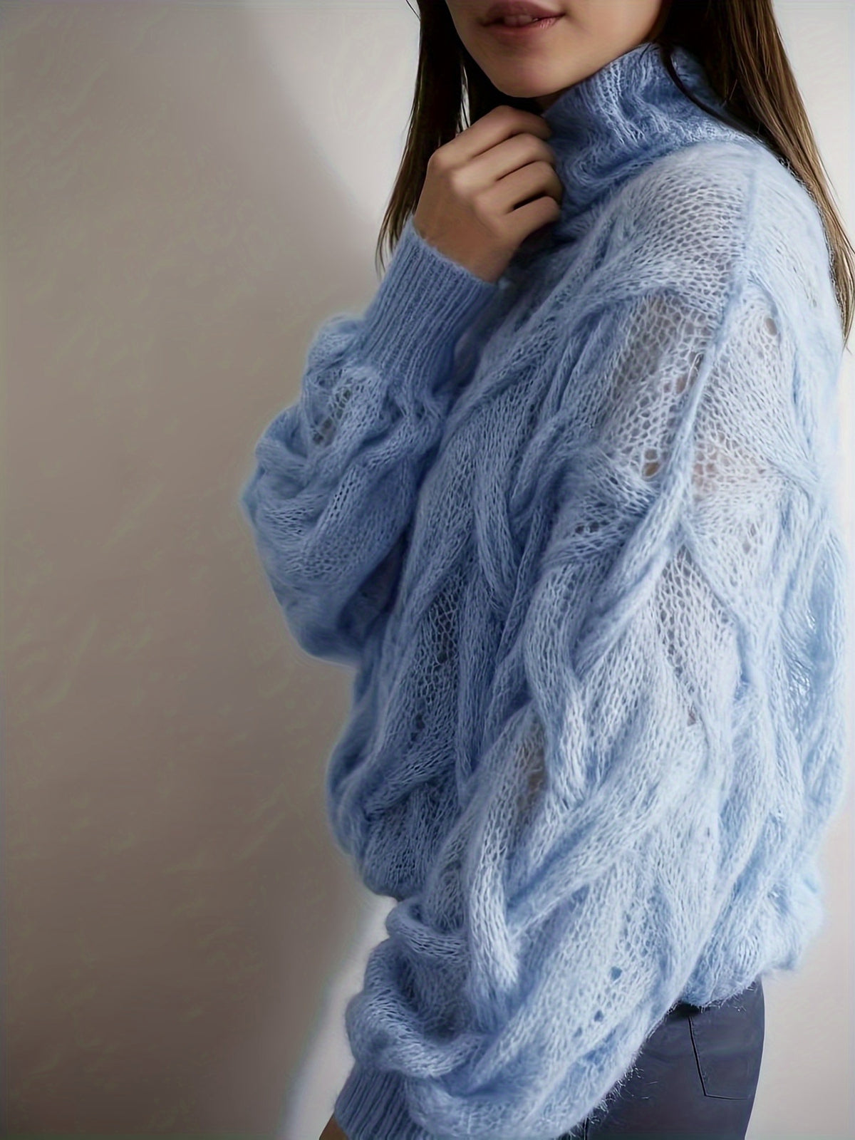 Valentine'S Day Festive Atmosphere Outfit for Women, Featuring a Lightweight, Sheer, Semi-Turtleneck Sweater with a Hollow Design, Perfect for a Relaxed, Soft, And Loose Style for Autumn And Winter - Blue