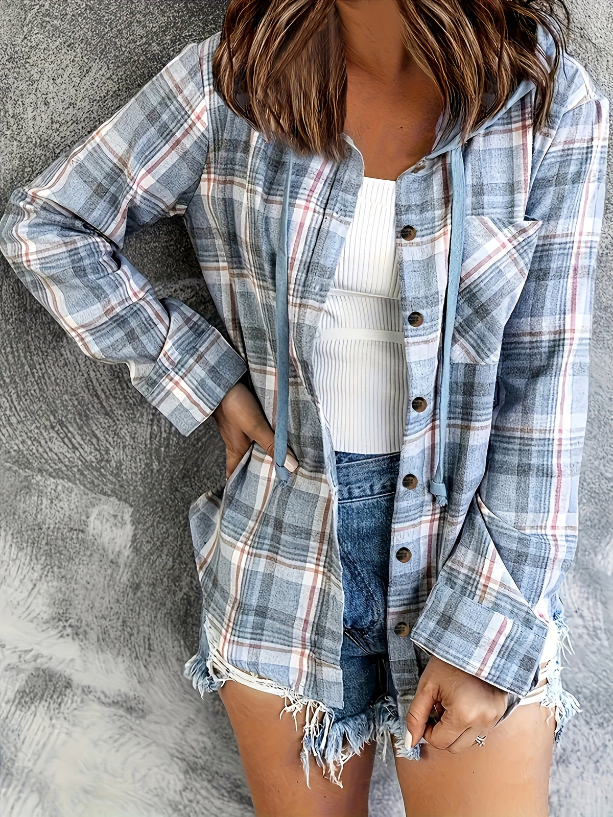 Casual Shirt, Women'S Long-Sleeve Button-Up Hoodie with Checkered Print And Drawstring - Blue
