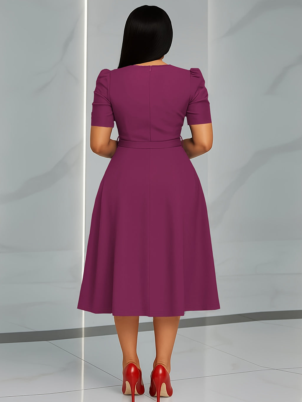 Women'S Elegant V-Neck Ruched Midi Dress, Solid Color Short Sleeve, Waist-Cinching Belt, Flowing Skirt, Perfect Spring Summer Outfit, Adult Fashion, Comfortable Daily Elegant Waist-Cinching Dress, Ruched Detail - Purple
