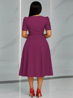Women'S Elegant V-Neck Ruched Midi Dress, Solid Color Short Sleeve, Waist-Cinching Belt, Flowing Skirt, Perfect Spring Summer Outfit, Adult Fashion, Comfortable Daily Elegant Waist-Cinching Dress, Ruched Detail - Purple