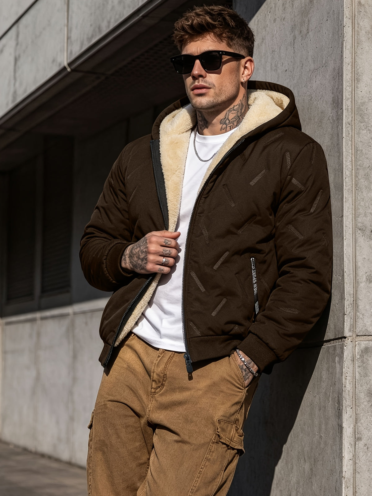 CWPKF Men's Winter Hooded Windproof Jacket with Padded & Zippered Pockets - Thickened Warm Coat Suitable for Weather, Machine Washable Hooded Outerwear for Daily Commute, Outdoor Activities, Gift Choice (Regular Fit) - Coffee Color