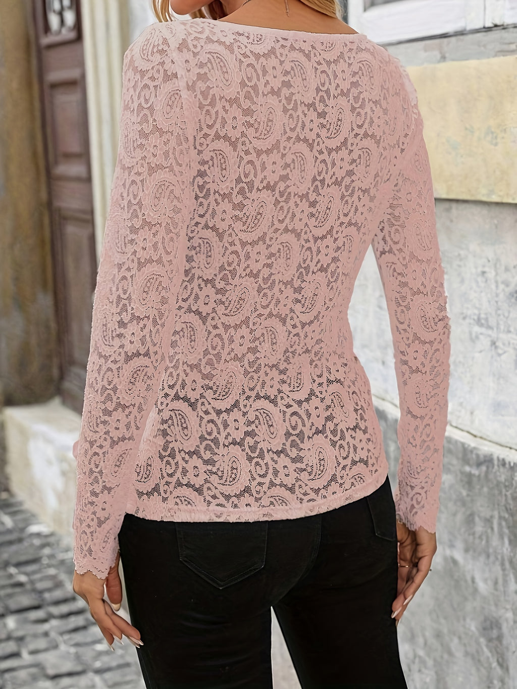 Elegant Lace Trim Long Sleeve T-Shirt - Pale Pinkish Gray