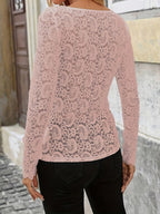 Elegant Lace Trim Long Sleeve T-Shirt - Pale Pinkish Gray