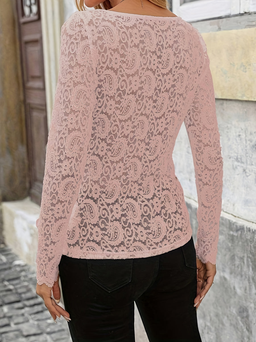 Elegant Lace Trim Long Sleeve T-Shirt - Pale Pinkish Gray