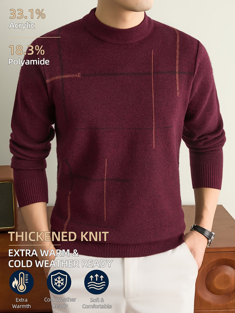 Men's Fall Winter Knit Pullover Sweater with Classic Stripes. Thick, Warm and Comfortable in a Timeless Old-money Style. Perfect for Commuting, Casual Wear, Sports, Hiking, Camping and Fishing. A Great Gift for Fathers and Husbands. - Burgundy