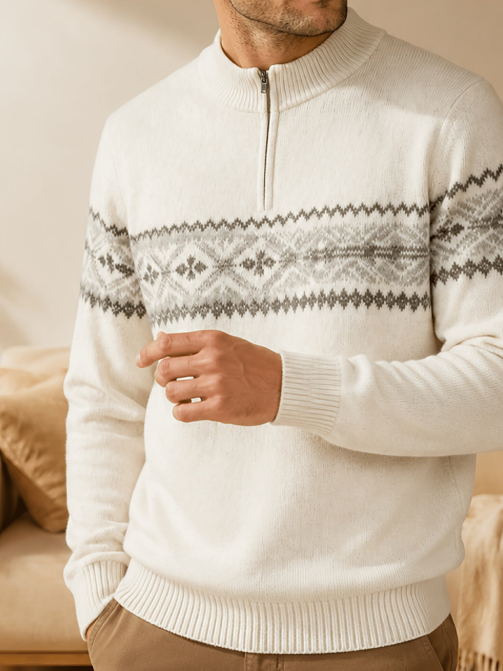 Du Jing Lan OBM Spring/Autumn New Arrival Men's Knitted Pullover, Old Money Style Contrast Color Stand-Up Collar Half-Open Placket Long Sleeve Knitted Pullover, Men's Business Casual Fashion Ribbed Sweater with Stand-Up Collar and Half-Open Placket - White