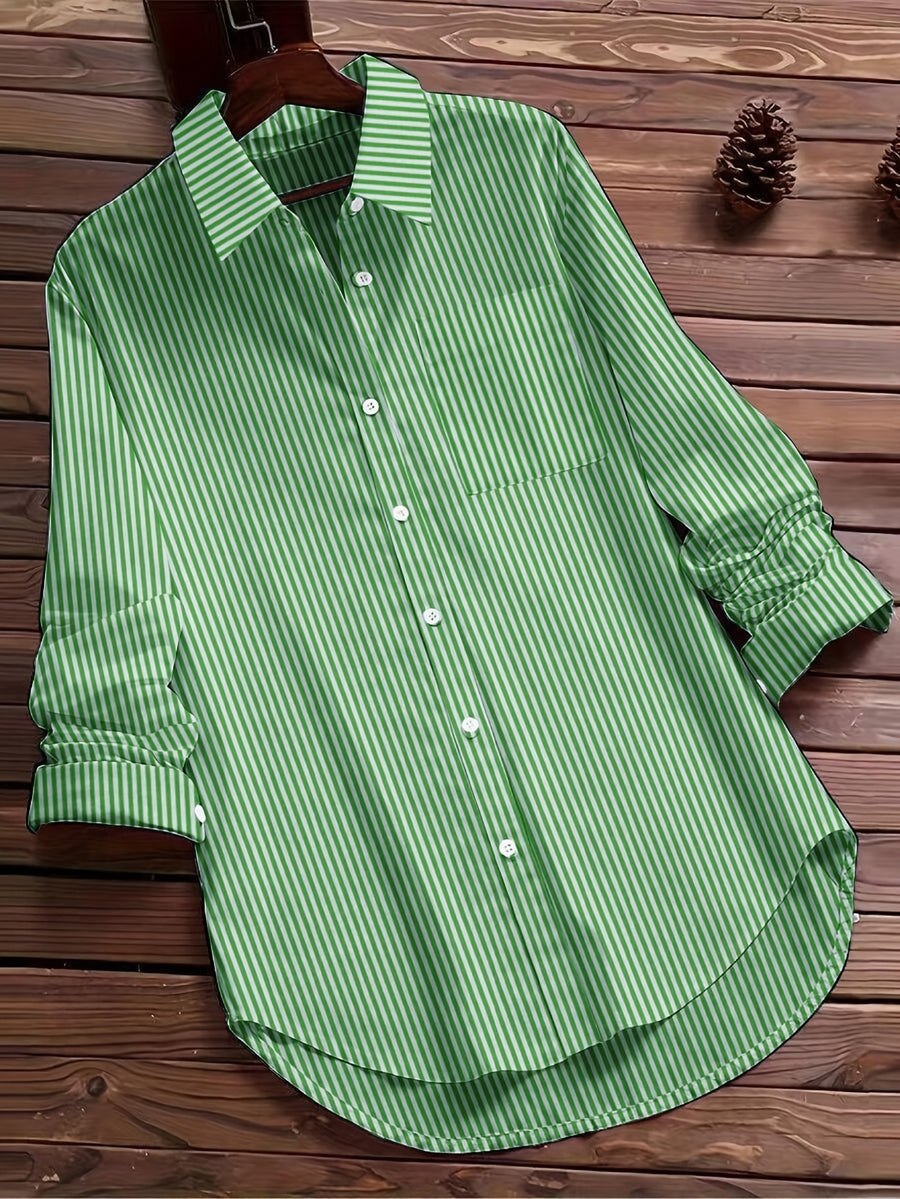 Women'S Autumn Casual Vintage Commute Long Sleeve Checkered Striped Shirt - Green