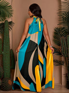 Women's Spring/Summer Elegant Loose-Fit Casual Printed Sleeveless Dress with Back Tie - Sky Blue