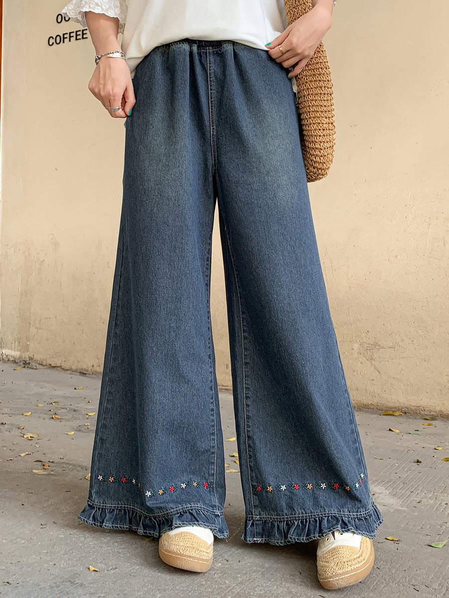 Embroidered Ruffled Wide-Leg Jeans, Elastic Waist Washed Blue Casual Versatile Ankle Pants - Blue