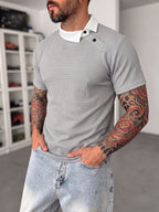 [Shule Water OBM] [Summer 2026 New 2pcs Set] Men'S Waffle Knit Off-Shoulder Button-Up Polo Shirt - Gray Blue