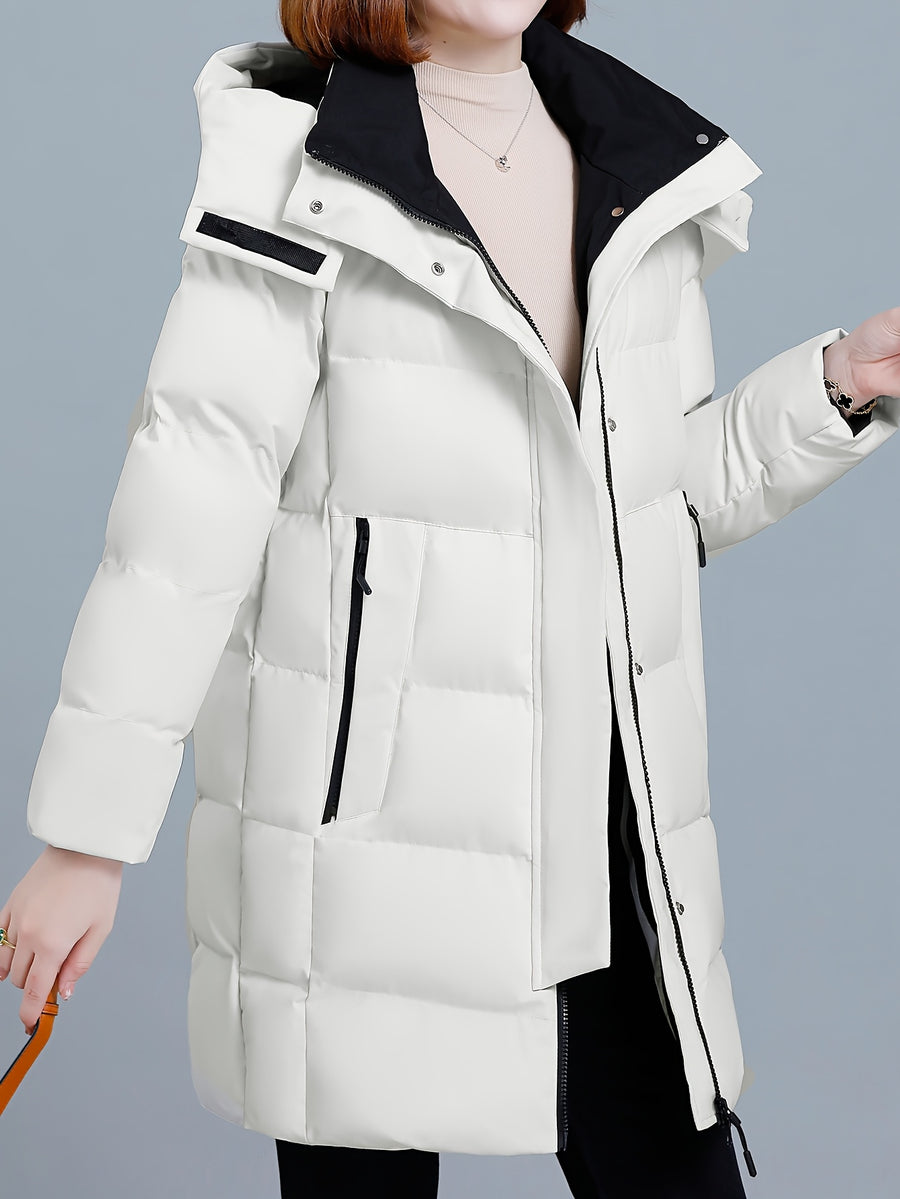 Women's Hooded Mid-Length Padded Coat with Black Contrast Lining, Zipper and Snap Button Double Front Placket, Plus Size Loose Fit, Checkered Overlock Stitching with Anti-Slip Padding, Drawstring Adjustable Hem, Zippered Side Pockets - White