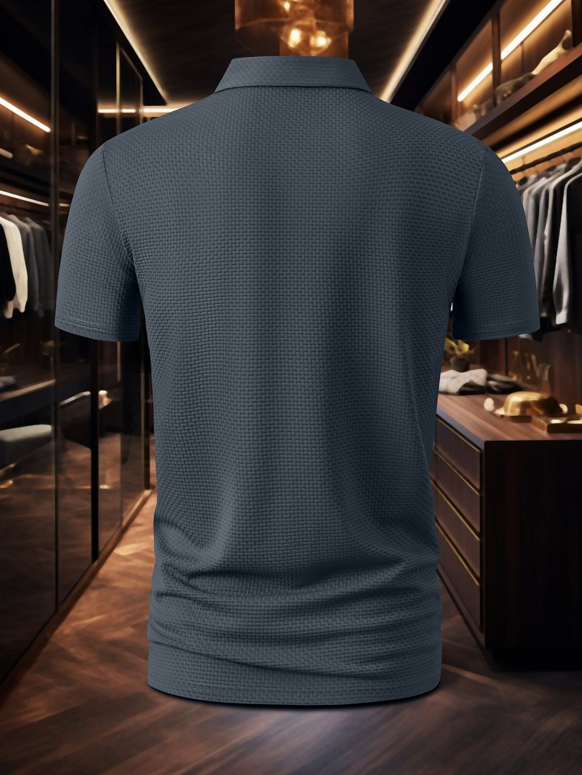 Men's Premium Summer Ice Sense Bubble Fabric Polo Shirt, Great Wall Grid Wrinkle Embossed Printed Short Sleeve Top, Multi Functional for Golf Fishing Camping Beach Swimming Turn Up Collar - Slate Grey