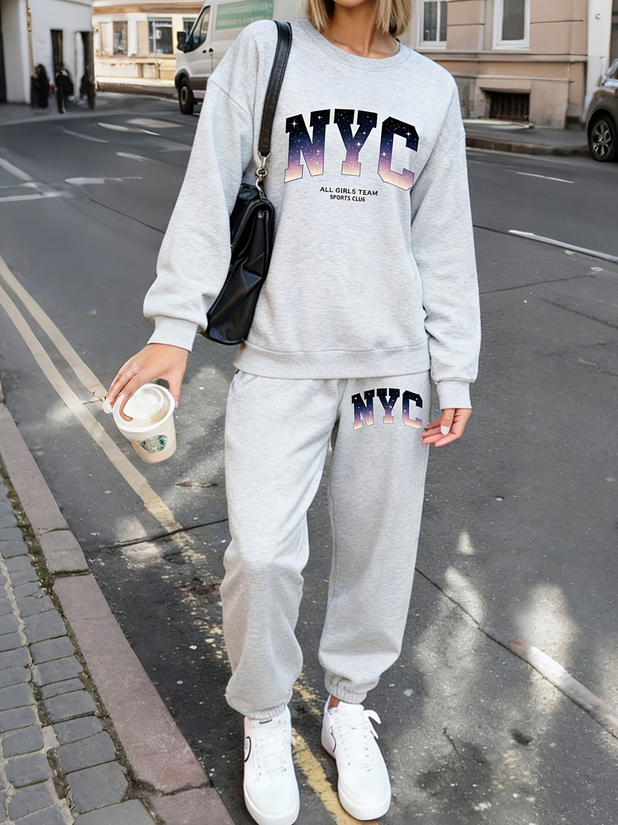 NYC Print Women'S Round Neck Casual Set 2pcs Outfit Spring Fall Outfit - Granny Gray