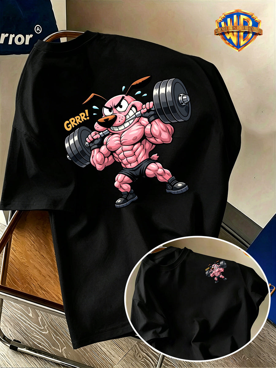Warner Bros. Official Licensed Cool Cartoon Cowardly Dog Print Short-Sleeve T-Shirt, Men's Pure Breathable Spring/Summer Top, Versatile Casual Style, Soft and Skin-Friendly, Breathable and Comfortable, Suitable for Outdoor Wear, Fitness, and Other - Black