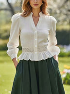 Vintage V-Neck Puff Sleeve Blouse for Women, Lace Patchwork with Ruffle Hem, Waist-Cinching Commuter Top, No Belt - White