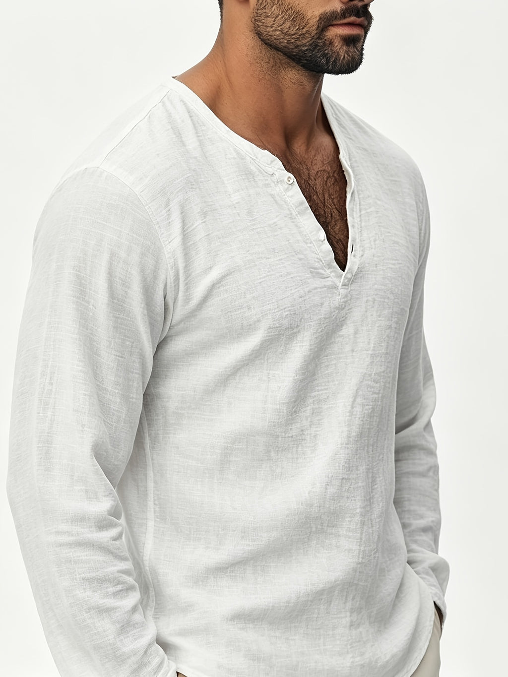 Henley Shirt Men'S Linen Long Sleeve Seasonal Lightweight Breathable V-Neck Loose Beach Vacation Casual Top - White