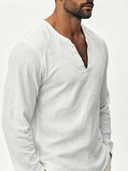 Henley Shirt Men'S Linen Long Sleeve Seasonal Lightweight Breathable V-Neck Loose Beach Vacation Casual Top - White