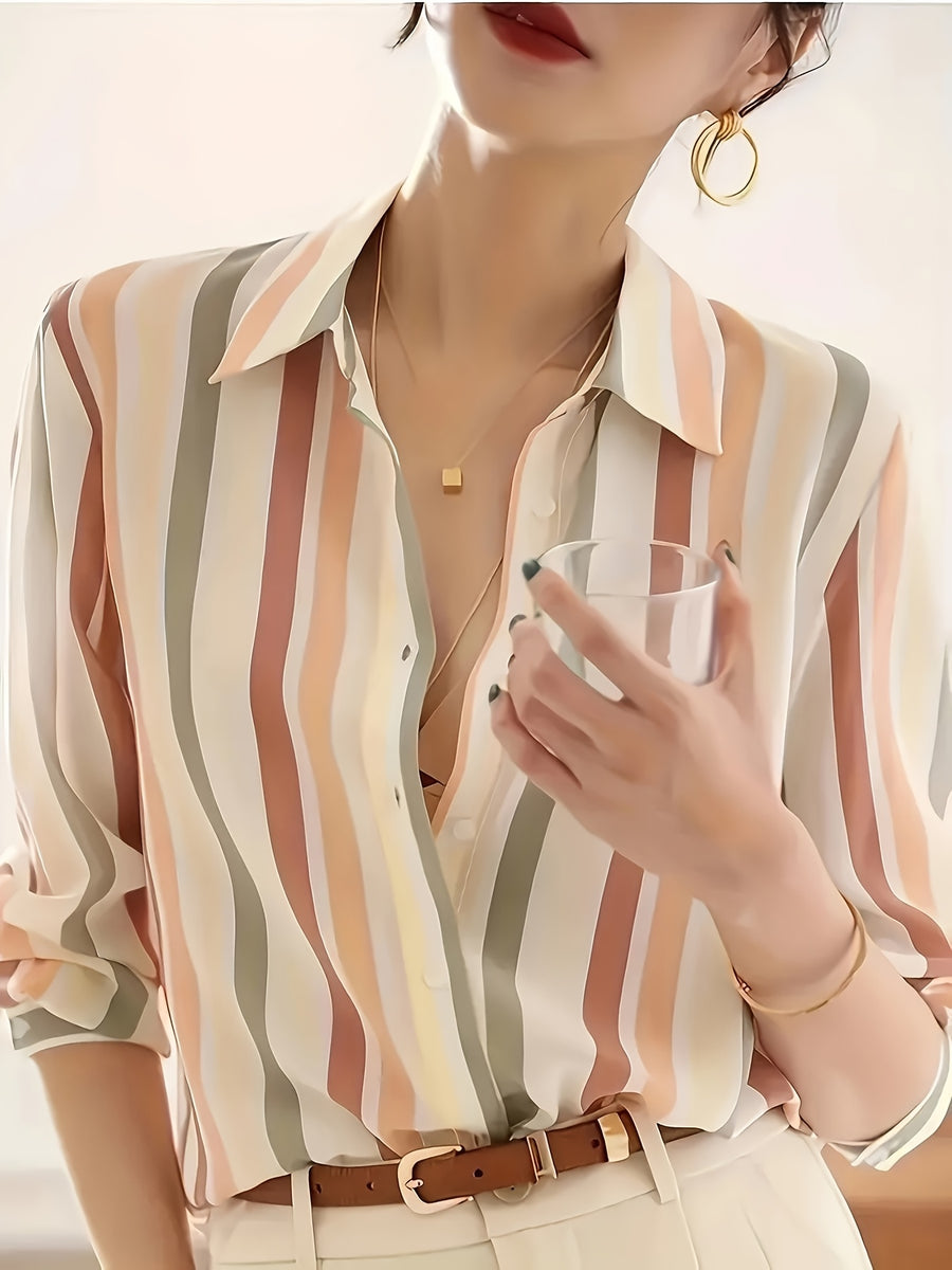 Women'S Casual Striped Shirt, Button-Up Design, Made Of, Suitable for Spring, Summer, And Autumn Casual Or Formal Wear | Classic Lapel Fashion Button-Up, Elegant Women'S Shirt, Beautiful Women'S Shirt, Autumn Women'S Top Trend, Women'S Clothing - Tangerine
