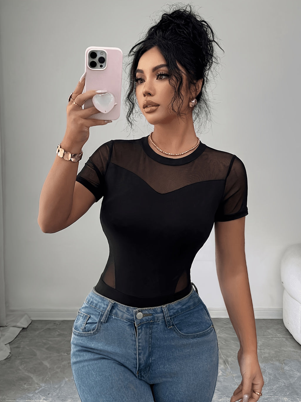 Elegant Mesh Patchwork Bodysuit, Round Neck, Short Sleeve, Fitted - Black