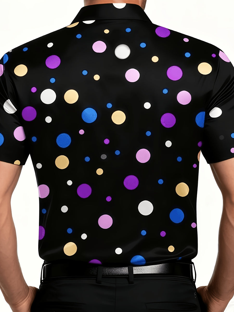Fashion Retro Color-Block Black Background Colorful Polka Dot Men'S Short Sleeve Shirt, Summer Outing, Light Mature Style, Suitable for Daily Wear And Various Occasions - Mixed colors
