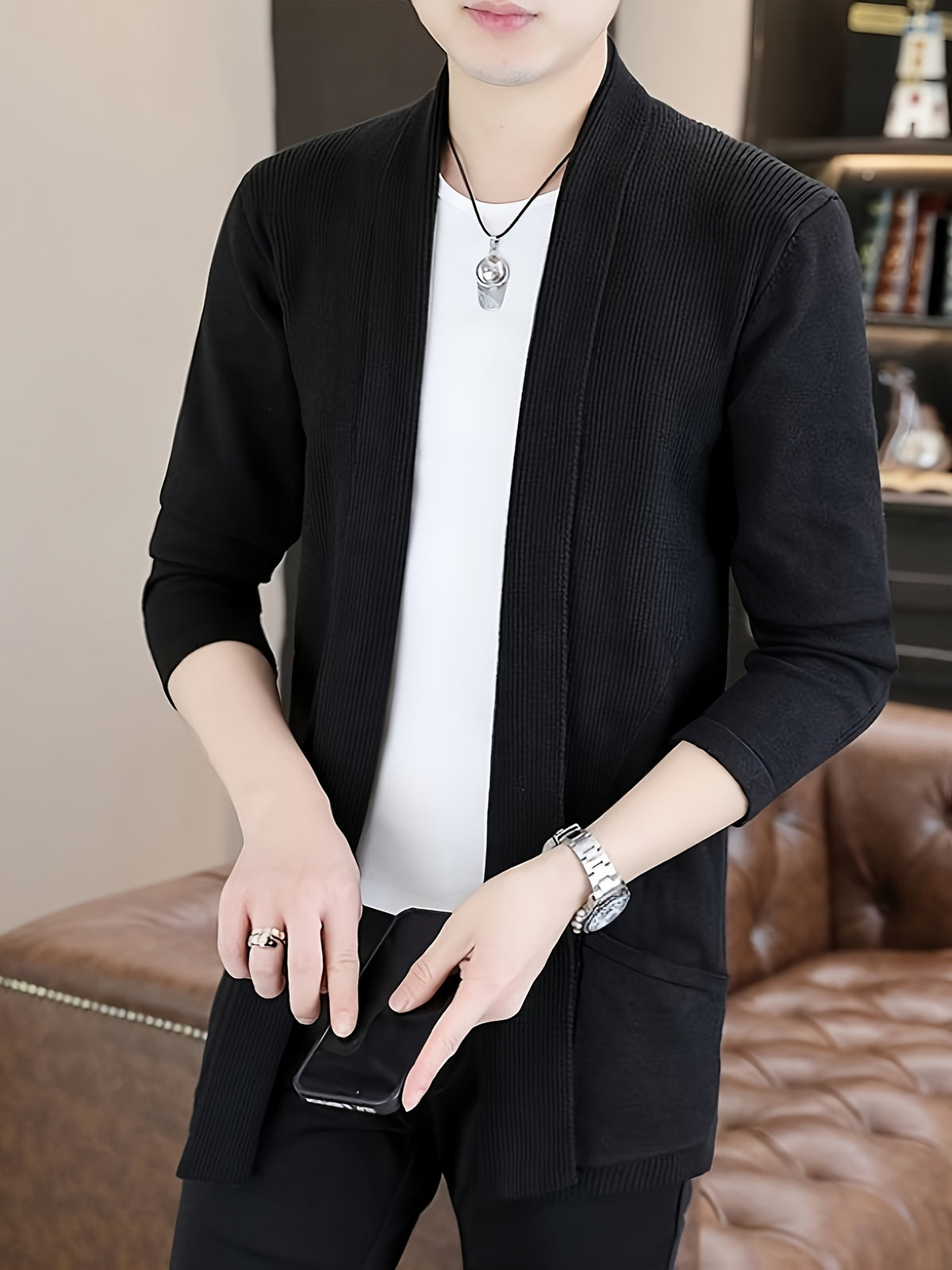 2025 Spring New Men's Street Style Long Sleeve Cardigan Sweater - Soft Stretch Knit Open Front Lapel Design, Regular Fit Long Length for Spring/Autumn Transitional Weather, Hand Washable Versatile Casual Outerwear, Sweater Cardigan - WE8296 Black