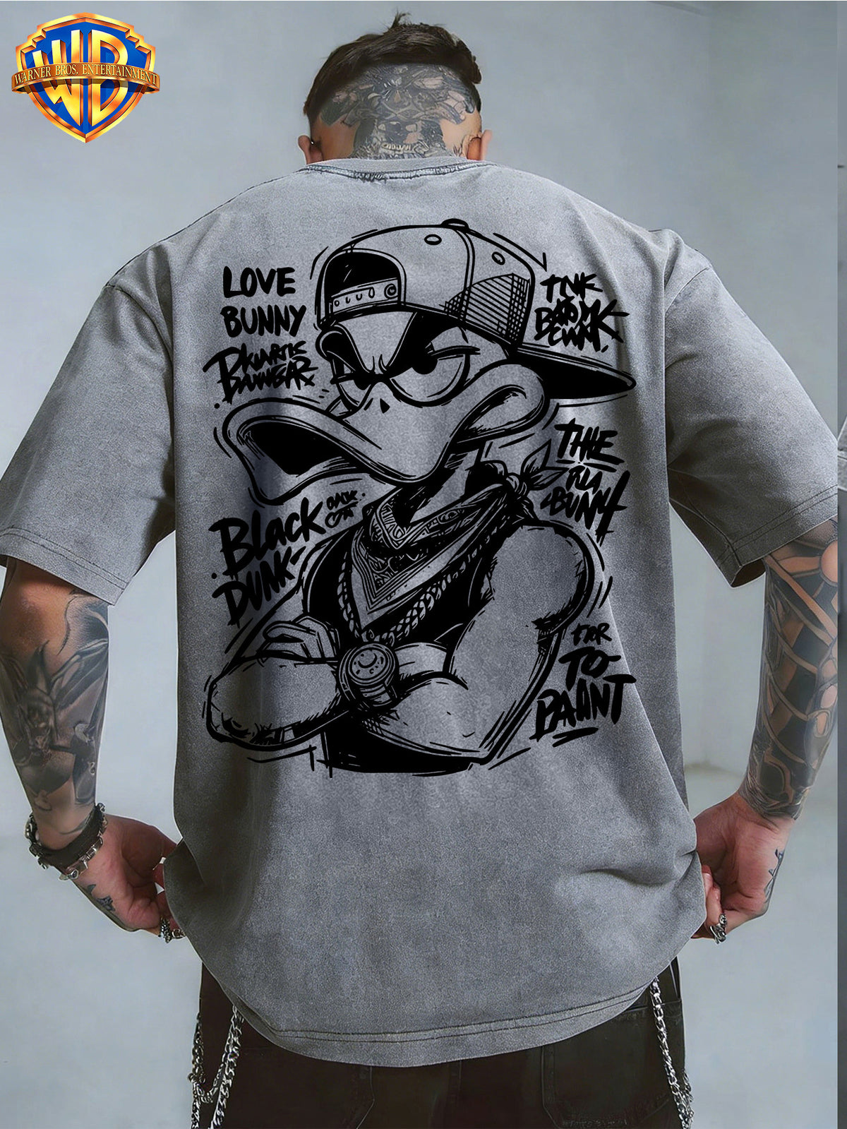 Warner Bros. Official License Hand-Drawn Sketch Print, Street Graffiti Style, American Retro Washed Distressed T-Shirt, Suitable for Daily Commute And Outdoor Wear, Machine Washable, Unisex - Grey