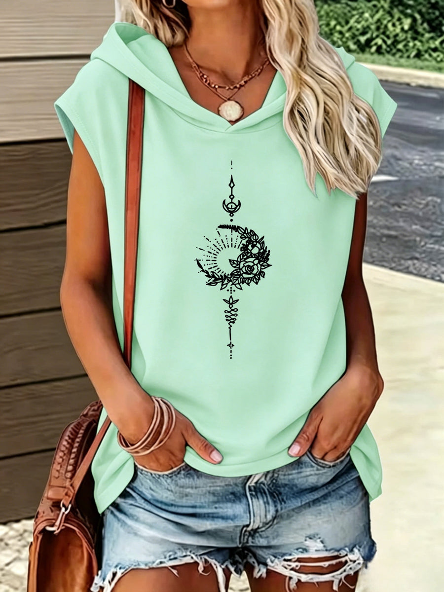 Loose Fit Comfortable Hooded Design Moon And Floral Intertwined Mystical Pattern Print All-Over Print Comfortable Versatile Style Summer New Y2K Style Women's Wear Elegant Fashion Comfortable T-Shirt Top - Viridity