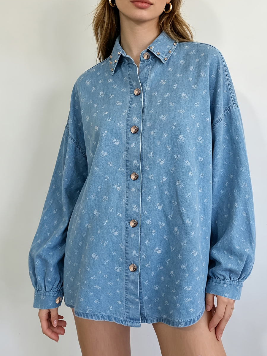 Women's Washed Soft Denim Shirt, Loose Oversized Cardigan Style, Delicate Floral Print, Rhinestone-embellished Lapel Collar, Cuffed Lantern Sleeves, Button-front Design, Casual Streetwear Style. Suitable for Daily Wear, Office Commutes, and Vacation - Blue