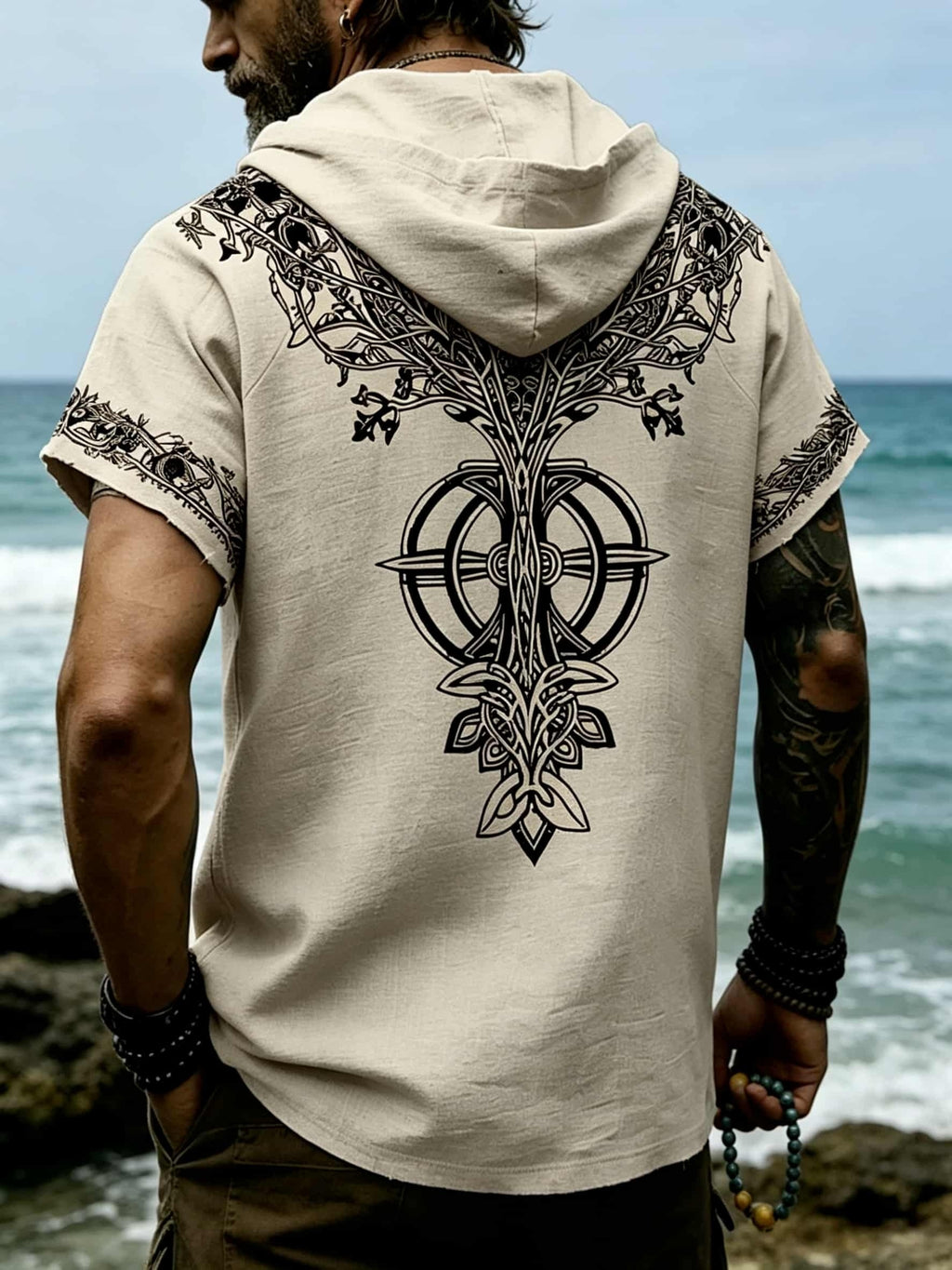 Men's Tree of Life Hooded T-Shirt - European & American Streetwear Style Short-Sleeve Top with Hood, Tree of Life Print, Machine Washable Regular Fit Casual Shirt Suitable for Casual Attire, Brand Label - Apricot