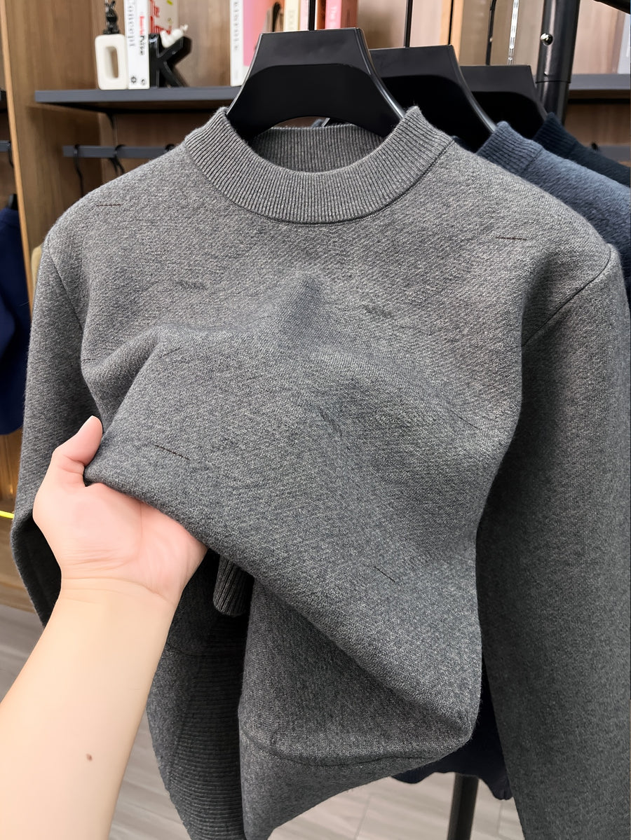 Autumn/Winter Men's Crew Neck Knit Sweater, Simple Subtle Jacquard Pattern, Mid-Life Layering Top - Camel