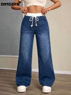 2026 New Women'S 90S Loose High-Waist Tummy-Control Jeans, Washed Blue Wide-Leg Pants with Pockets And Drawstring, Comfortable All-Season Denim Trousers for Travel And Work - Dark Blue