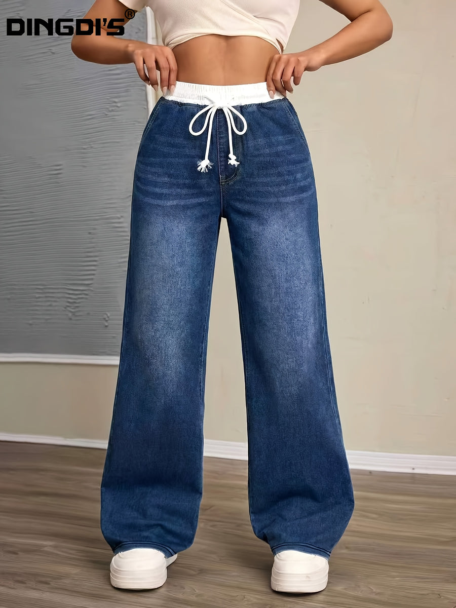 2026 New Women'S 90S Loose High-Waist Tummy-Control Jeans, Washed Blue Wide-Leg Pants with Pockets And Drawstring, Comfortable All-Season Denim Trousers for Travel And Work - Dark Blue