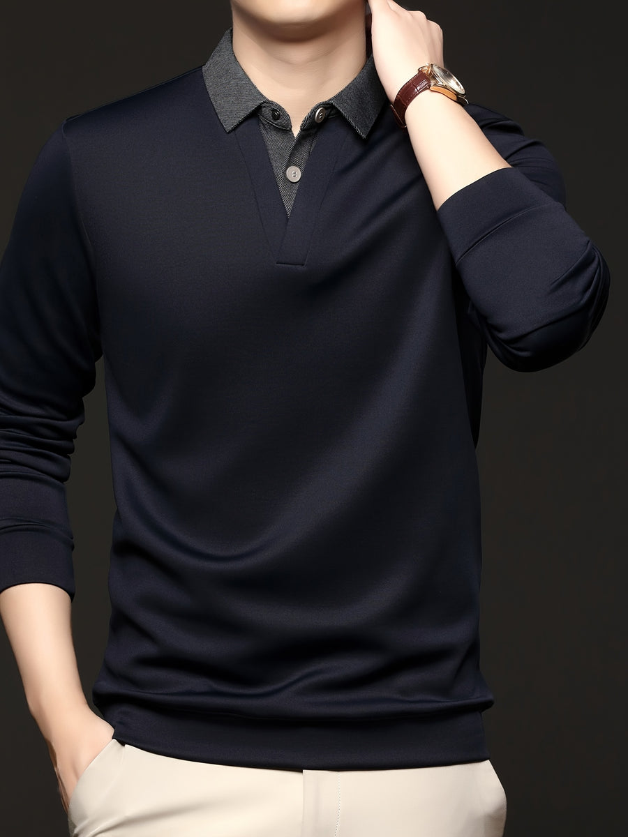 Men's Autumn/Winter 2-in-1 Look Polo Sweatshirt, Pullover Top, Business Casual, Daily Outings, Versatile and Durable, Warm and Comfortable, Ideal Gift Choice - Deep Navy Blue