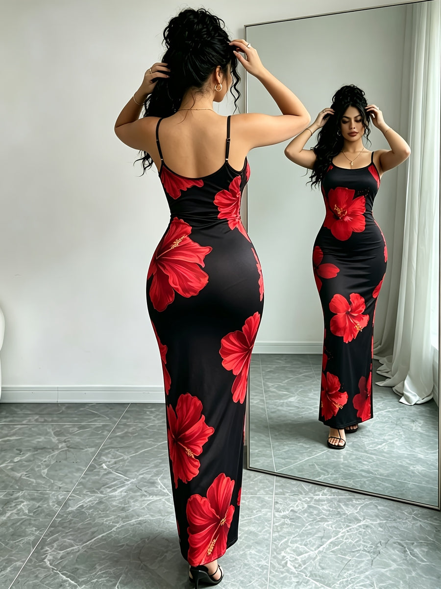 Women'S Adjustable Strap Printed Cami Dress, High-Waist Cinched -Lifting Long Skirt, Stretchy And, Suitable for Beach Vacation/Music Festival/Casual Date Wear - Red