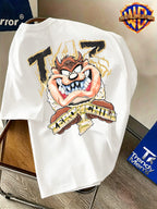 Warner Bros. Authentic Men's 100% Cotton Short-Sleeve T-Shirt with American-Style Illustrated Cartoon Print. Features a Dynamic Cartoon Beast Design with Golden-toned Accents for a Striking Visual Impact, Effortlessly Creating an Eye-catching Summer - White